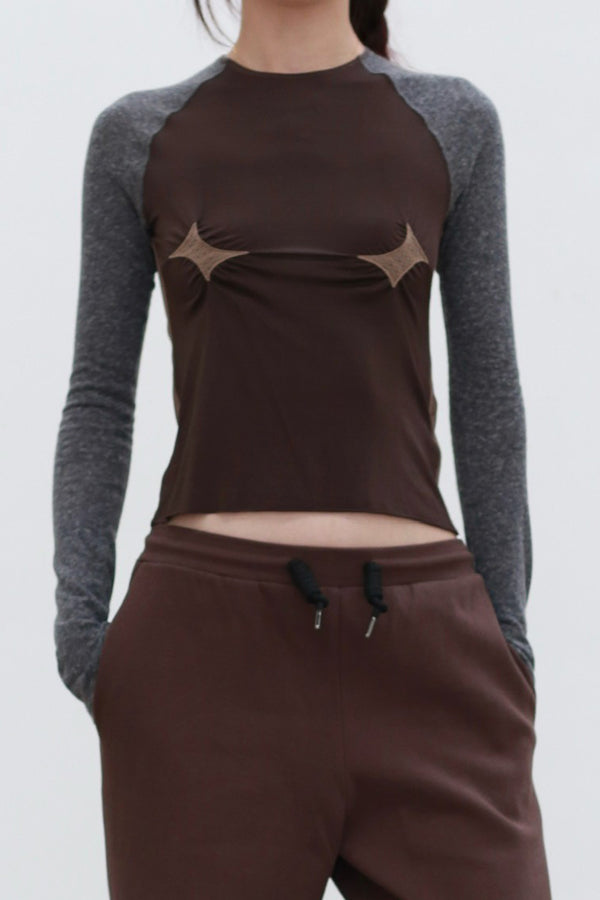 Rui Zhou 24 Autumn and Winter Free Point Long Sleeve Top RUI-RAW24WV03-QKLHGY Chocolate mix Granite